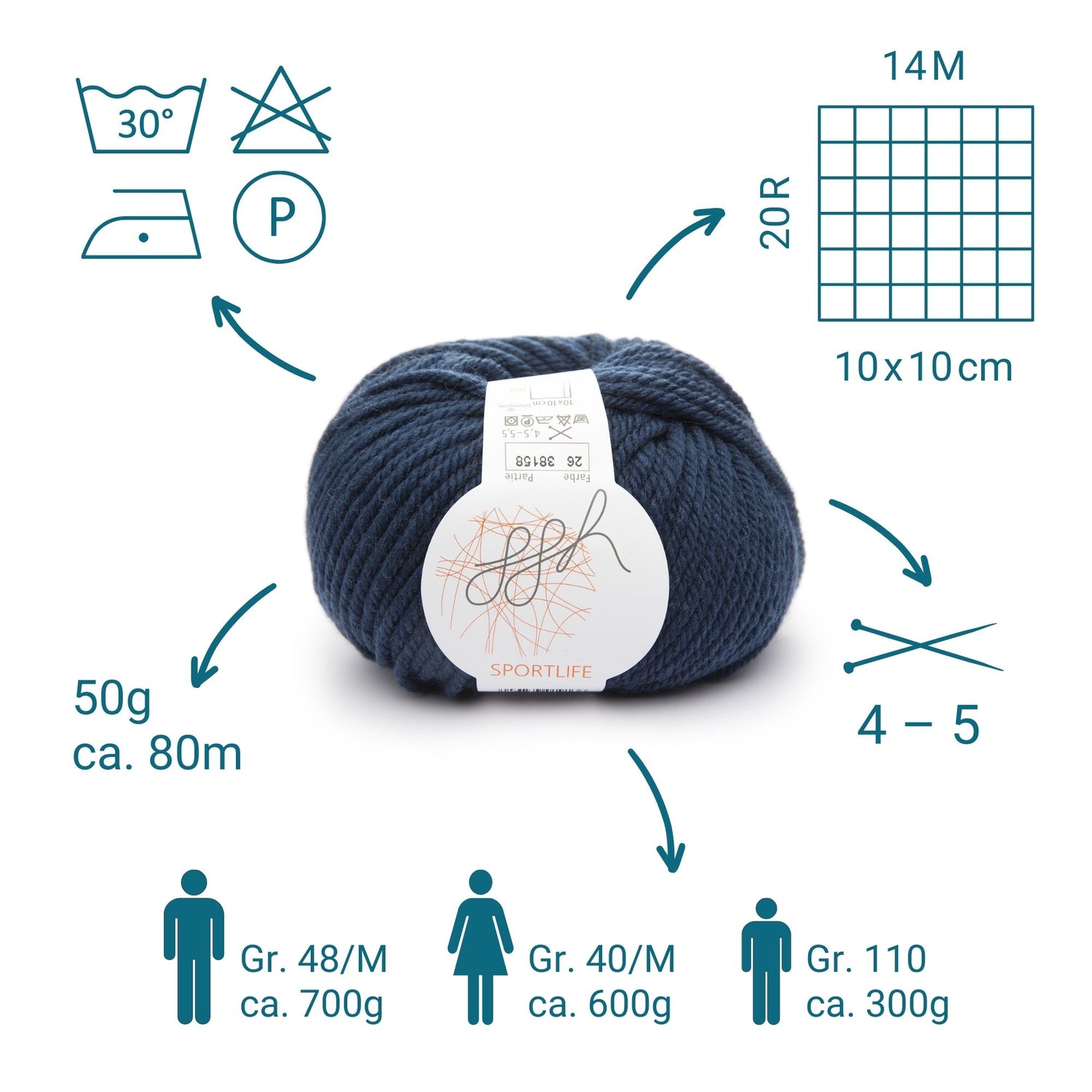 ggh Sportlife – 100% Wolle (maschinenwaschbar) – Farbe 026 - Entenblau