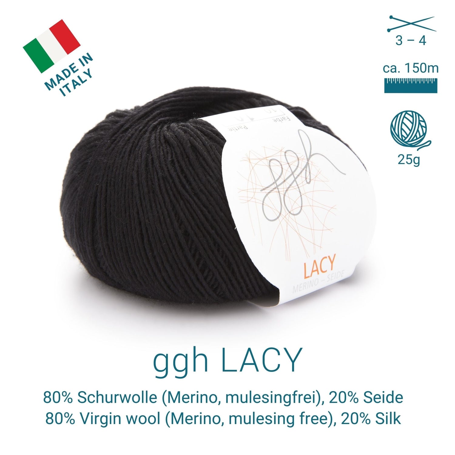 GGH Lacy | Merinowolle mit Seide | 25g - 150m | 010 - Schwarz - ggh Wolle