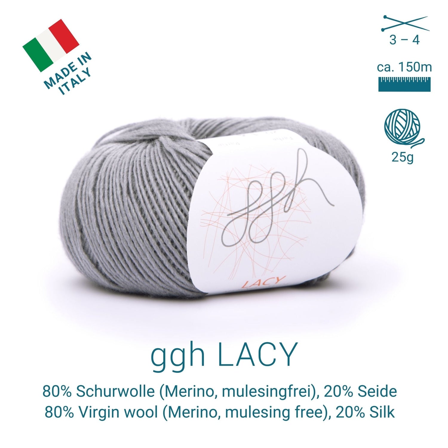 GGH Lacy | Merinowolle mit Seide | 25g - 150m | 020 - Grau - ggh Wolle