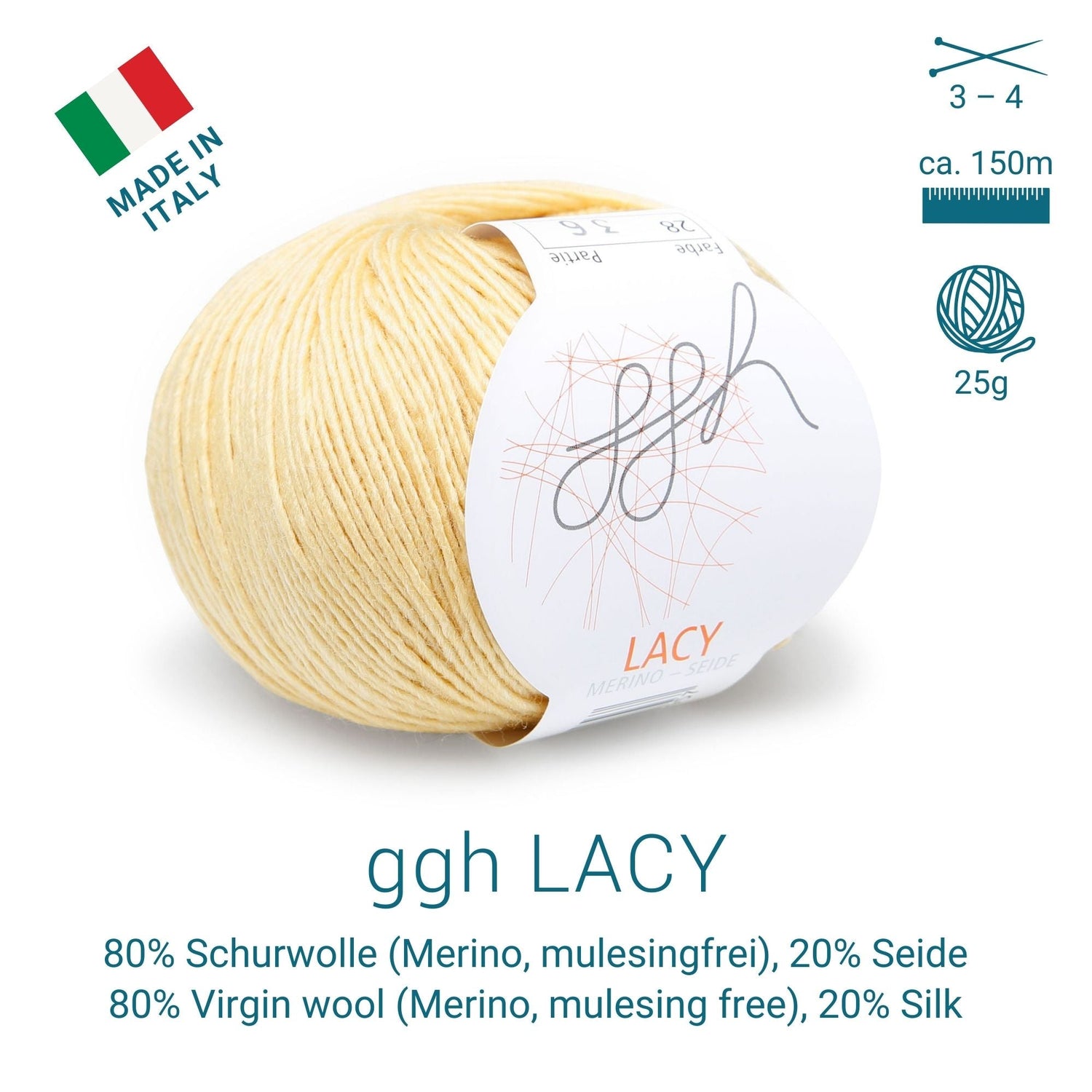 GGH Lacy | Merinowolle mit Seide | 25g - 150m | 028 - Senfgelb - ggh Wolle