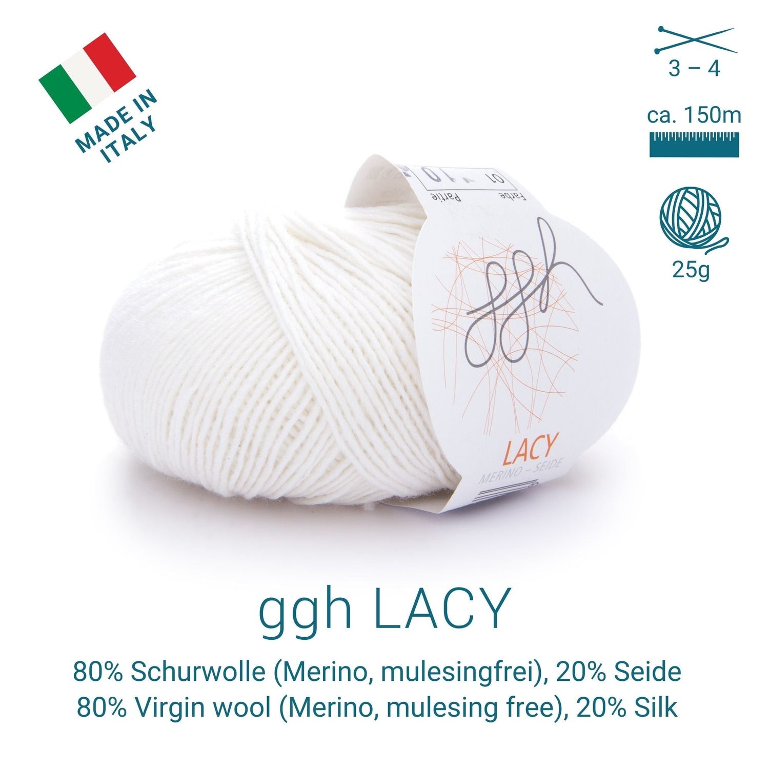 ggh Lacy | Merinowolle mit Seide | 25g - 150m | 001 - Wollweiß - ggh Wolle